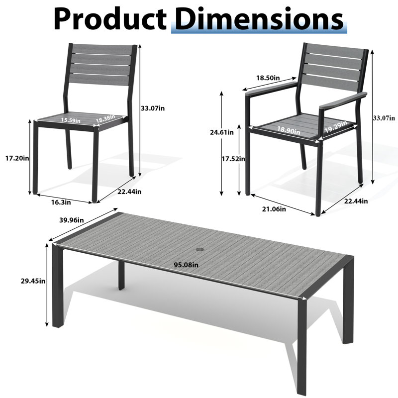 Ensemble de salle à manger pour 11 personnes en aluminium avec fauteuils empilables et chaises sans accoudoirs, Gris foncé