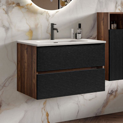 Meuble-lavabo mural simple avec lavabo en céramique Caryll, armoire de rangement moderne avec charnières à fermeture en douceur DTC, pour salle de bain, appartement et hôtel