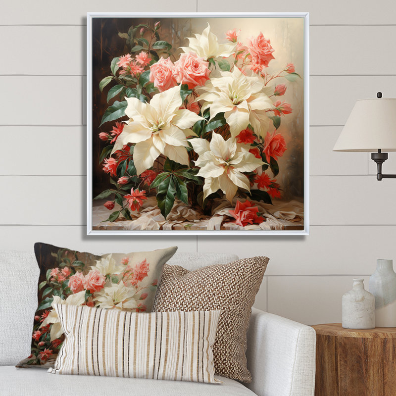 Impression romantique poinsettias, H 24 po x l 24 po x P 1 po, Cadre flottant blanc