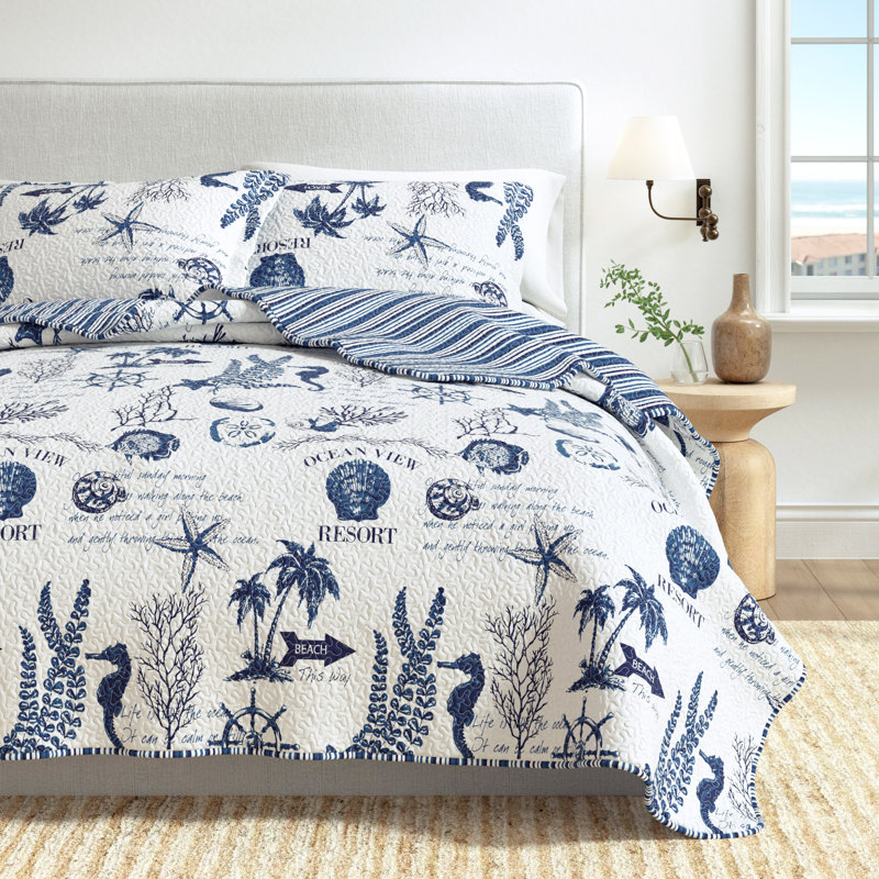 Navy / White Nautical Reversible Quilt Set with Shams, Full/Queen Quilt + 2 Shams, Navy