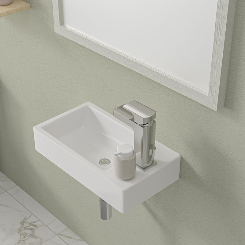 18" x 10" Wall Mount Bathroom Sink White Ceramic Rectangular Floating Vessel Sink with Single Faucet Hole, 18" L x 10" W