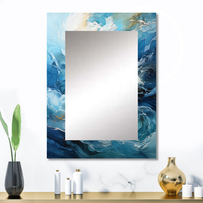 Moderne bleu doré, Wave Symphony II - miroir décoratif de vagues, miroir mural bleu, impression d'art en métal