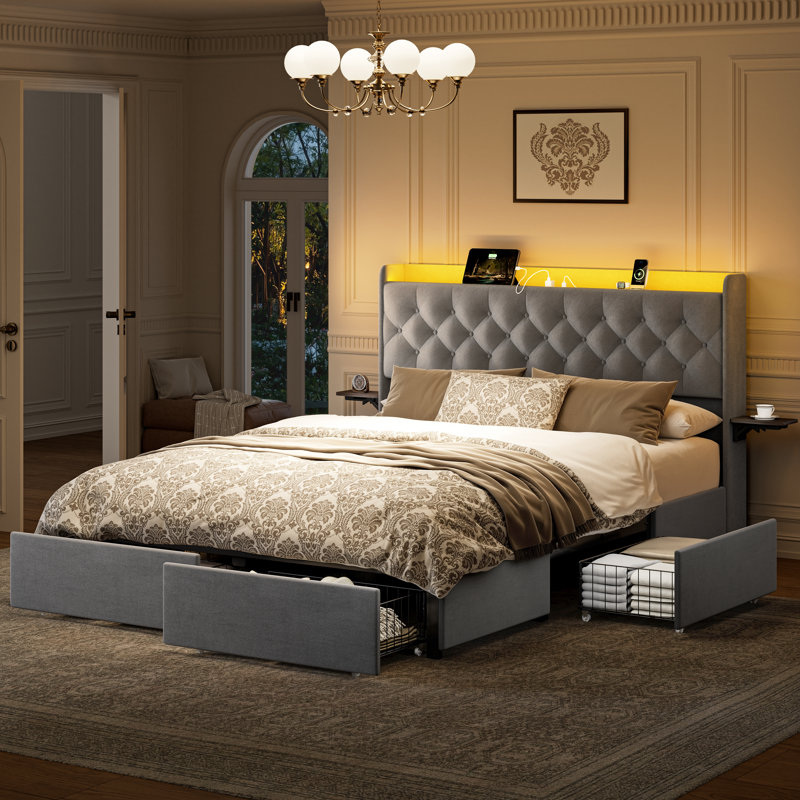 Lit plateforme tapissier Coba avec tiroirs de rangement et station de charge, Gris, Grand lit