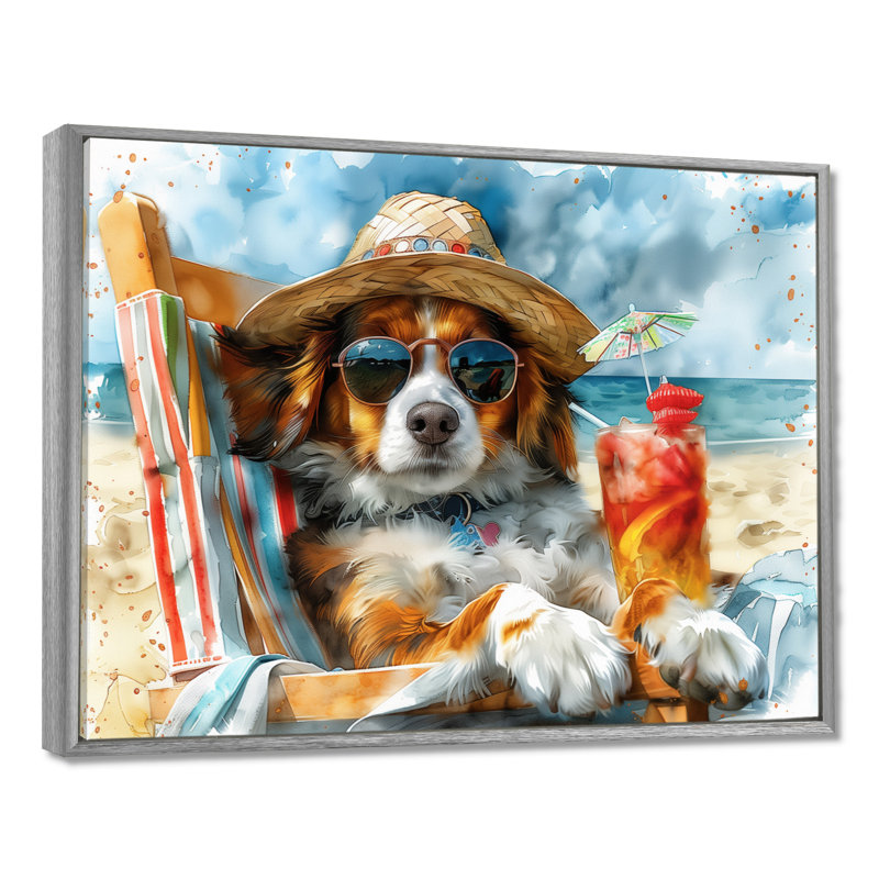 Bouvier bernois avec un cocktail sur la plage, Toile argentée avec cadre flottant, H 16 po x l 32 po x P 1 po