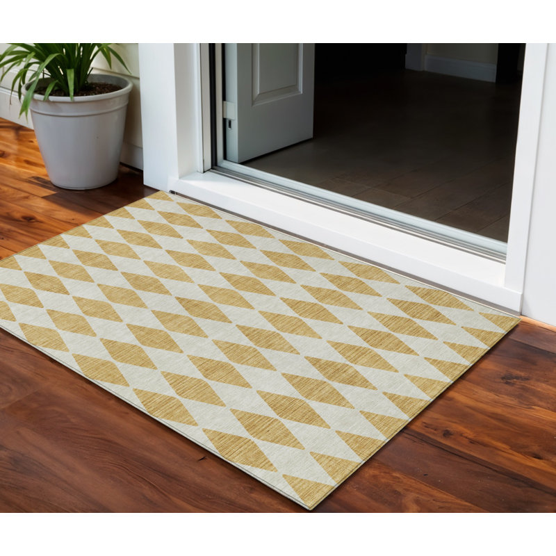 3' X 5' Gold And Light Brown Geometric Washable Indoor Outdoor Area Rug