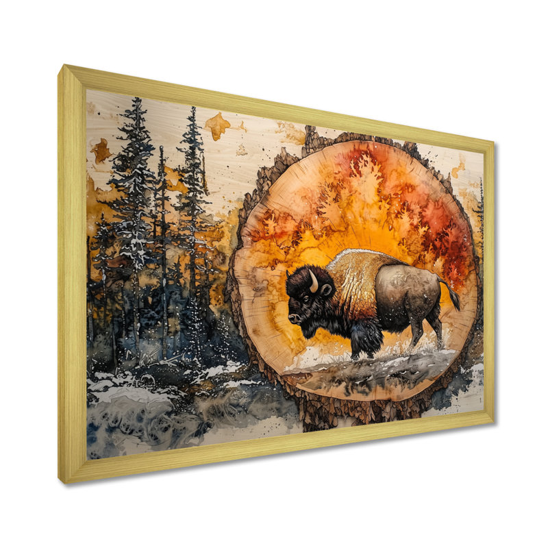 Bison américain dans une glissade en bois, paysage de forêt I - art mural grand bison, H 34 po x l 44 po, Cadre simple, Doré