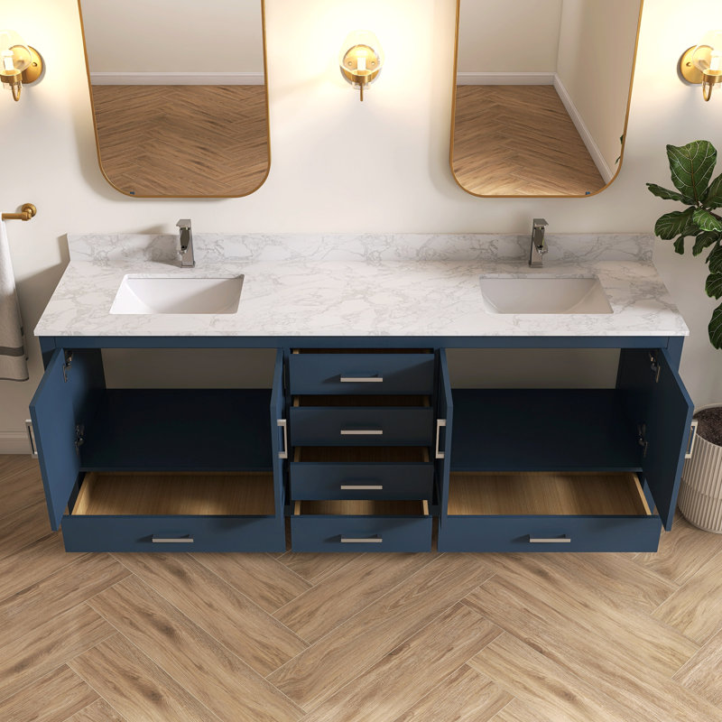 Meuble-lavabo double 84 po Aura avec comptoir en granit blanc et dosseret entièrement assemblé Aura, 84", Bleu