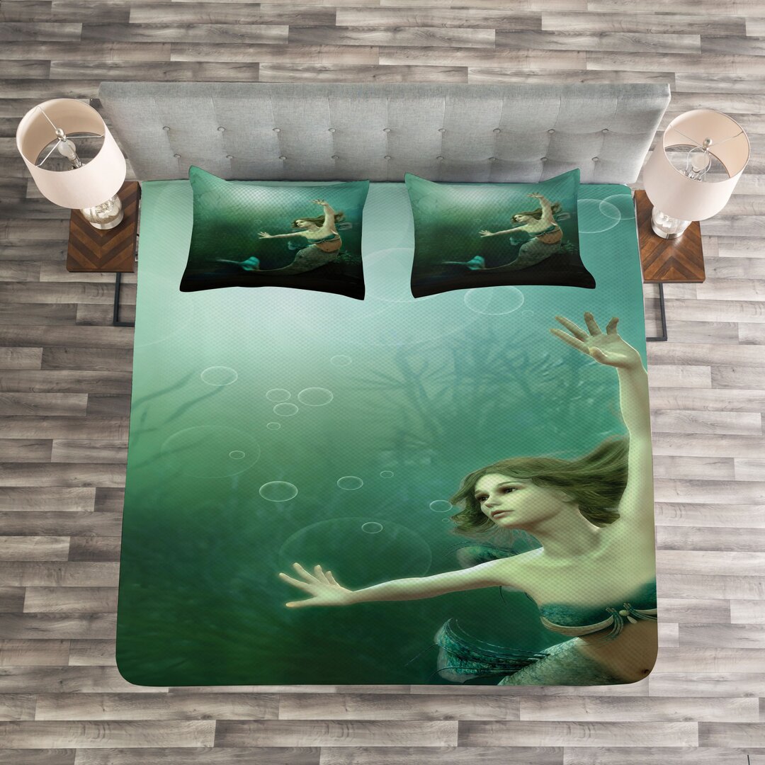 Gestepptes Bettdecken-Set, Mermaid Undersea, Grün und Blau, Elfenbein Grün Teal