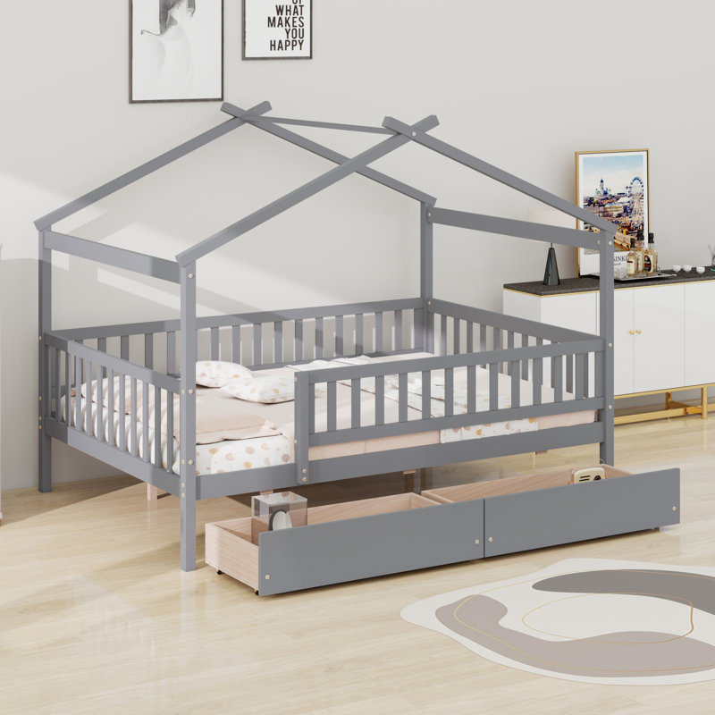 Lit en bois avec deux tiroirs, Gris