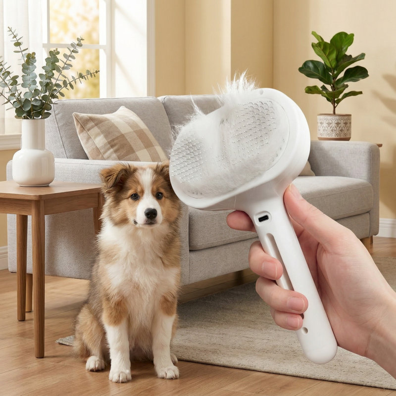 3-in-1 Self-Cleaning Steam Dog Brush for Shedding, Anti-Static Cat Steam Removal Comb with Release Button, Grooming Tool for Long & Short Hair Pets, White