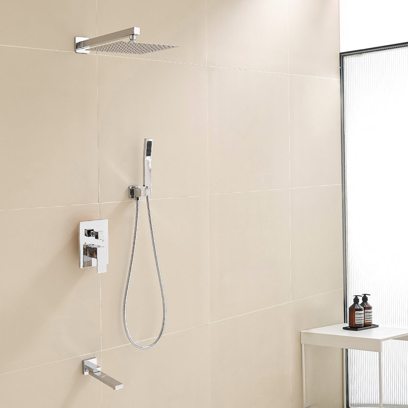 Shower System With 10 Inch Rain Head, Wall Mounted Handheld And Down , 2 - Spray Bathroom Fixture Faucet Handle, Silver
