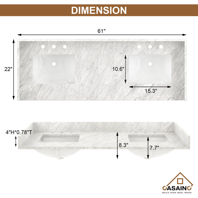61'' Marble Double Bathroom Vanity Top with Sink