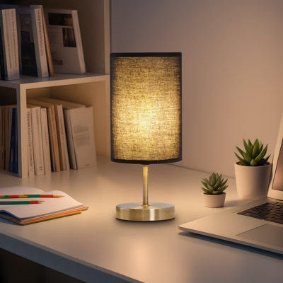 11,8 po Lampe de table en laiton antique avec abat-jour tambour en lin noir