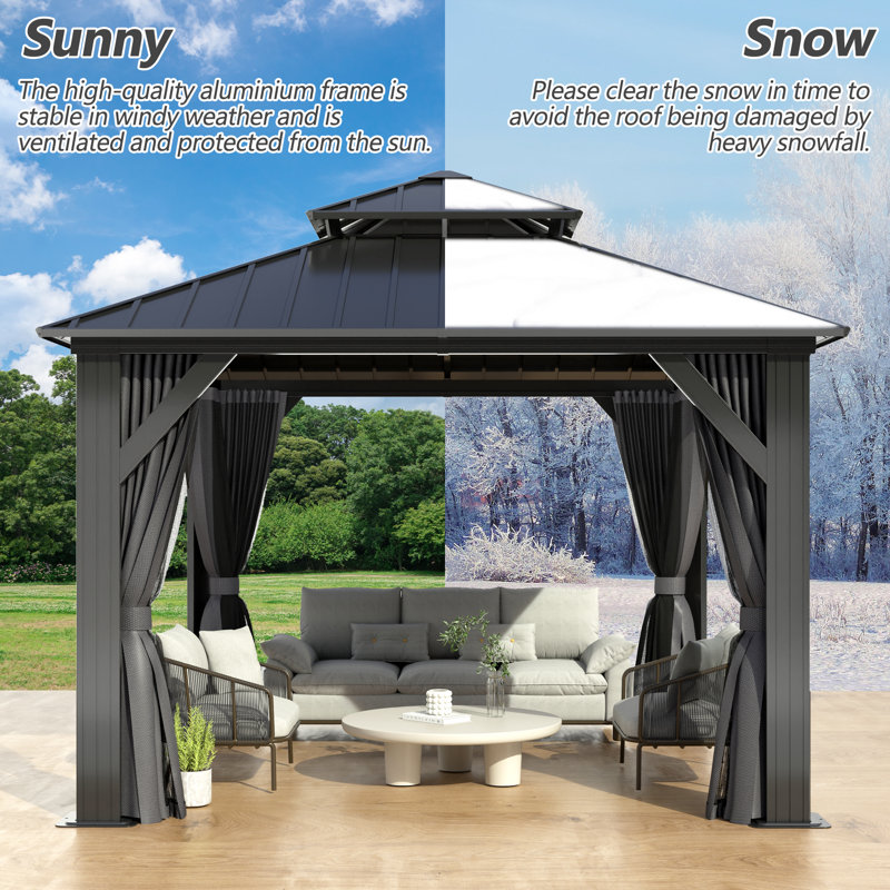 10 ft x 10 ft Black Aluminum Frame Gazebo with Curtains and Netting