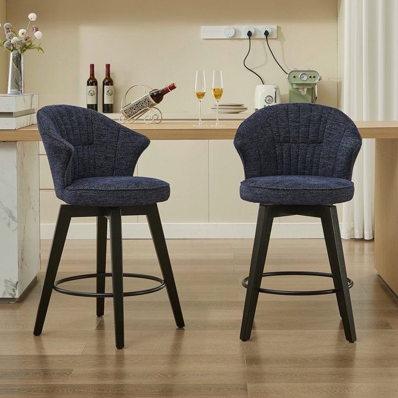 Ensemble de 2 tabourets de bar pivotants à oreilles avec pieds réglables en bois massif et revêtement en chenille, pieds de nivellement pour îlot de cuisine, pub ou salle à manger