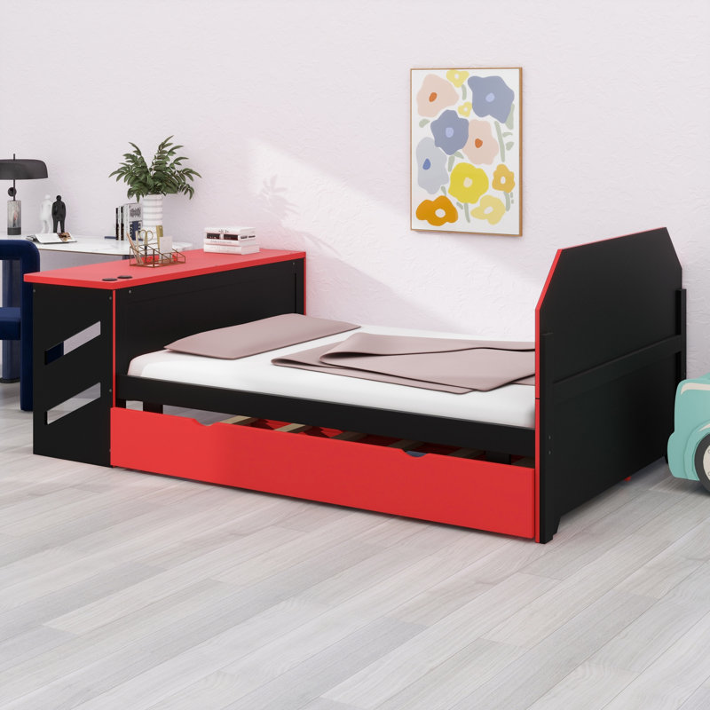 Wood Daybed With Trundle,Desk And USB, Red