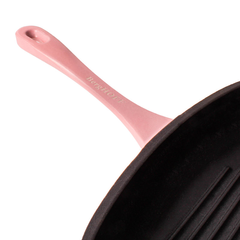 Ensemble de gril en fonte 2 pièces BergHOFF Neo: poêle à griller et presse à bacon / steak, Rose