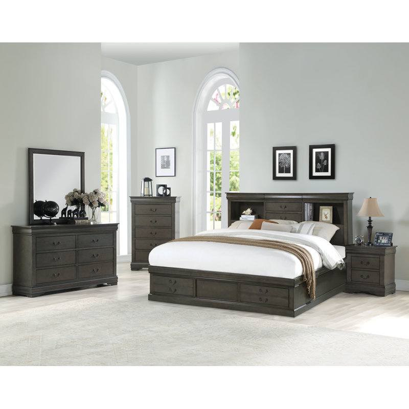 Covertt Solid Wood Bookcase Storage Bed, King, Dark Gray