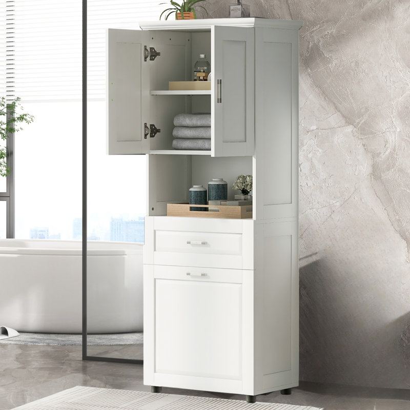 Grande armoire à paniers à linge avec tiroir et armoire de rangement pour salle de bain, Gris