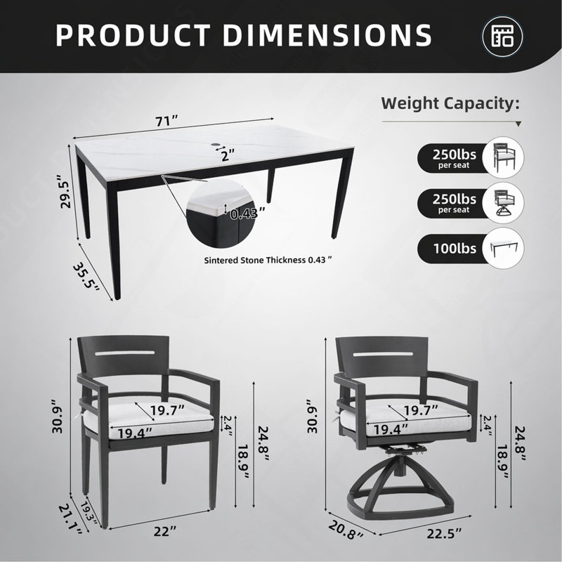 Ensemble de salle à manger d'extérieur moderne 7 pièces Modern - Table rectangulaire 35,5 po x 71 po avec dessus en pierre frittée d'inspiration marbre, 4 chaises et 2 chaises berçantes pivotantes, coussins Sunbrella