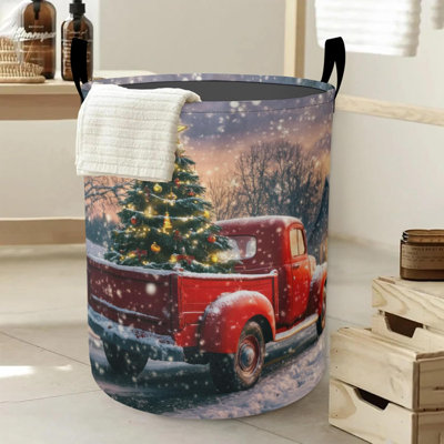 Christmas Laundry Basket, Retro Truck Tree Oxford Cloth Laundry Hamper With Handle Foldable Portable Clothes Storage Basket Storage Bag For Laundry Room/Bathroom/Bedroom/Dormitories