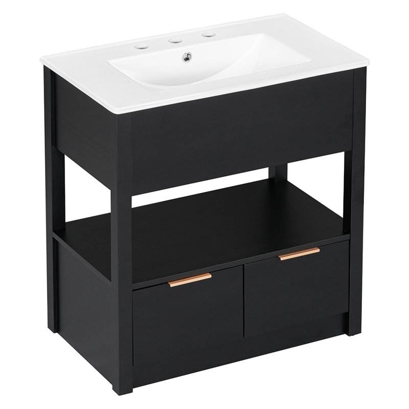 Meuble-lavabo simple 30 po avec plateau en bois massif Kyrun, Noir