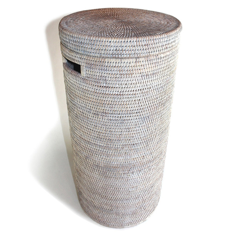 Grand panier rond avec poignée découpée sur le côté, H 28 po x l 13,5 po x P 13,5 po, Blanc délavé