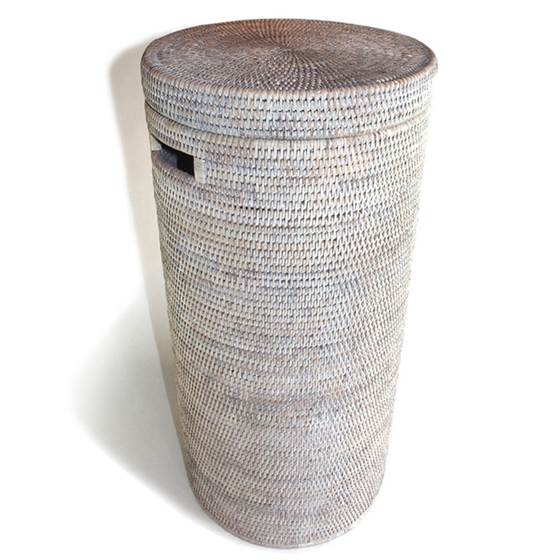 Hand Woven Laundry Hamper, 28" H x 13.5" W x 13.5" D, White Wash