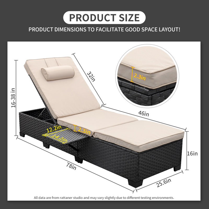 Persei Outdoor Wicker Chaise Lounge with Foldable Side Table, Khaki