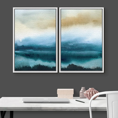 «Minimal Landscape» IDÉE4WALL, ensemble de reproduction d'art mural encadré bleu vif aquarelle pastel océan plage sauvage nature art moderne boho graphique coloré pour le salon, la chambre à coucher, le bureau