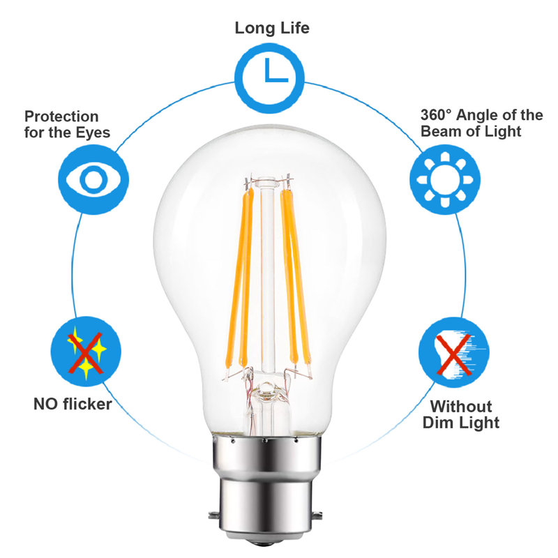 6-Pack 8W B22 LED Filament Bulbs