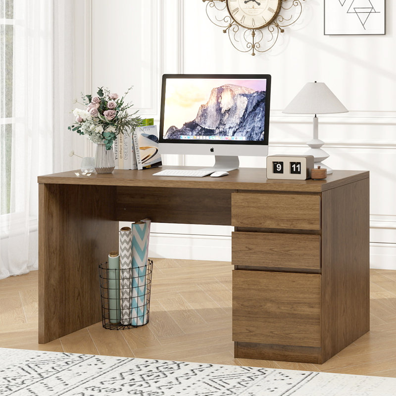 53 Inch Modern Computer Brown Desk with File Drawers, Brown
