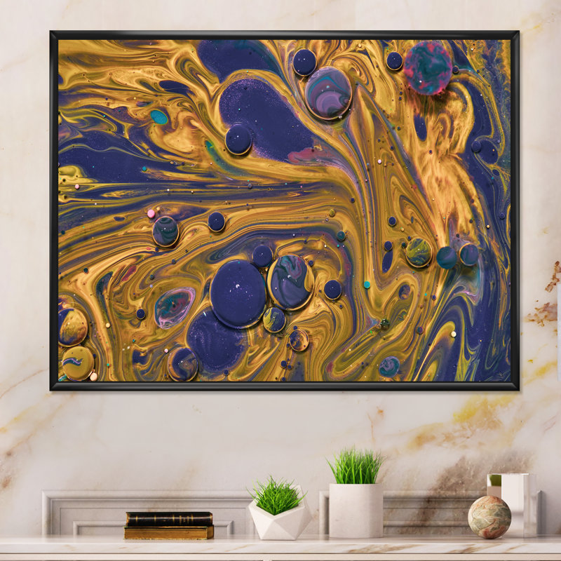 Art en acrylique jaune et bleu, H 16 po x l 32 po x P 1,5 po, Toile avec cadre flottant noir