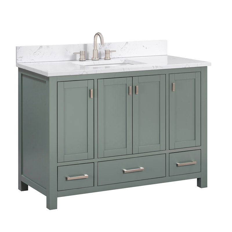 Meuble-lavabo simple 48 po avec plateau Souther, Marbre blanc de Cala, Nickel brossé, Vert fumée