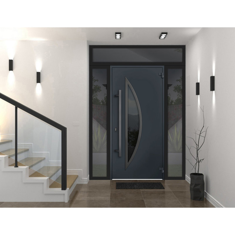 Porte d'entrée extérieure prémontée en acier Deux 6501 Anthracite, 2 fenêtres latérales et supérieures, inserts en acier inoxydable, style moderne, peinte, dimensions : L 12 + 36 + 12 x H 80 + 16, ouverture à gauche vers l'intérieur