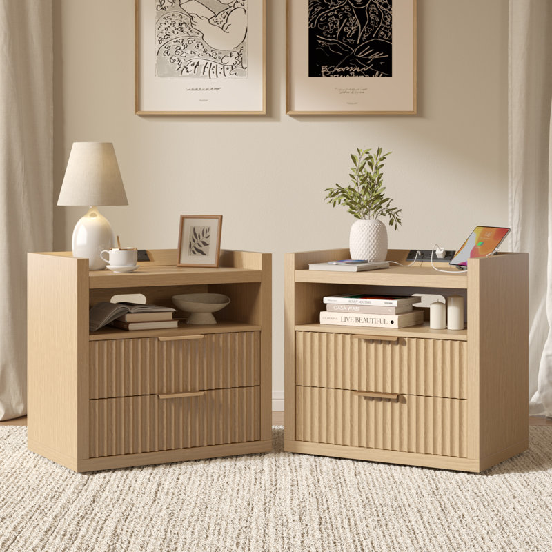 Table de chevet moderne de 23,8 po de largeur avec station de charge, 2 tiroirs et 1 tablette, 2