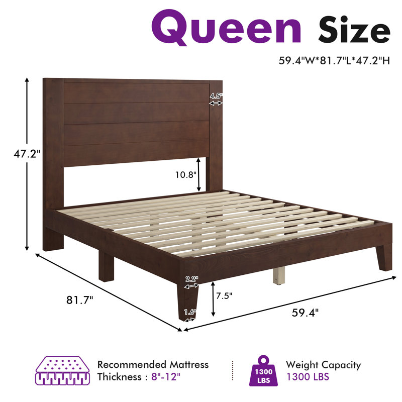 Bilal Queen Size Solid Wood Platform Bed Frame with 47.2'' Headboard,Walnut, Queen, Walnut