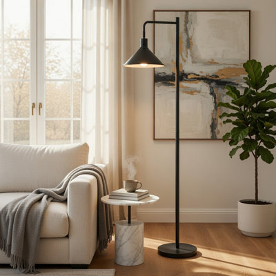 Lampe sur pied, tête orientable avec abat-jour conique suspendu, style rétro en métal noir