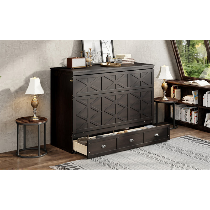 Grand lit escamotable avec grands tiroirs et port USB, Espresso