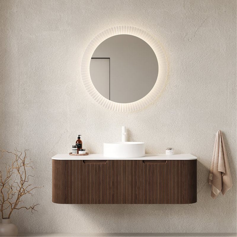 Meuble-lavabo 48 po avec lavabo, meuble-lavabo mural à bords arrondis et courbes avec 2 tiroirs, lavabo rond en céramique blanc, sans robinet