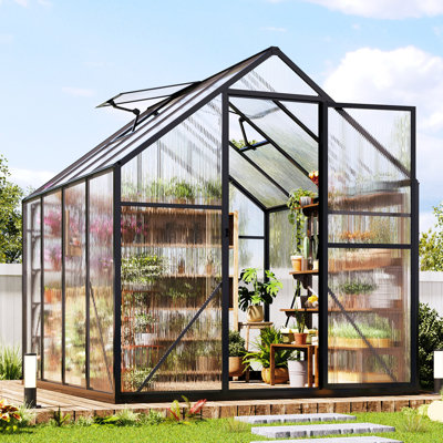 6 × 12 ft Walk-in Polycarbonate Greenhouse with Aluminum Frame, 2 Windows & Swing Door, Heavy-Duty Outdoor Garden Structure – Black
