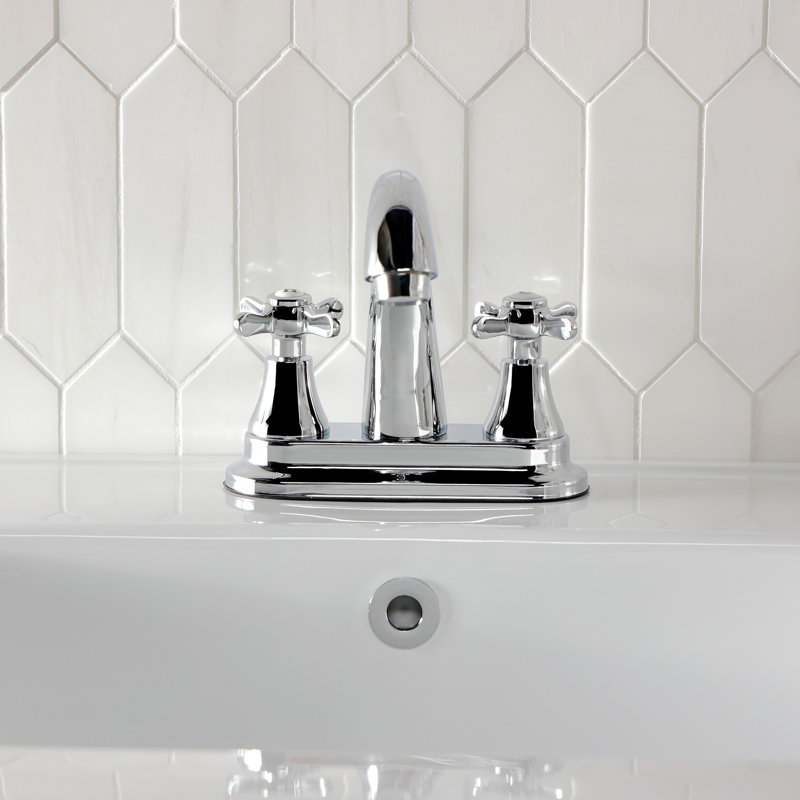 Kingston Brass Essex Two-Handle 3-Hole Deck Mount 4" Centerset Bathroom Faucet with Brass Pop-Up, Polished Chrome