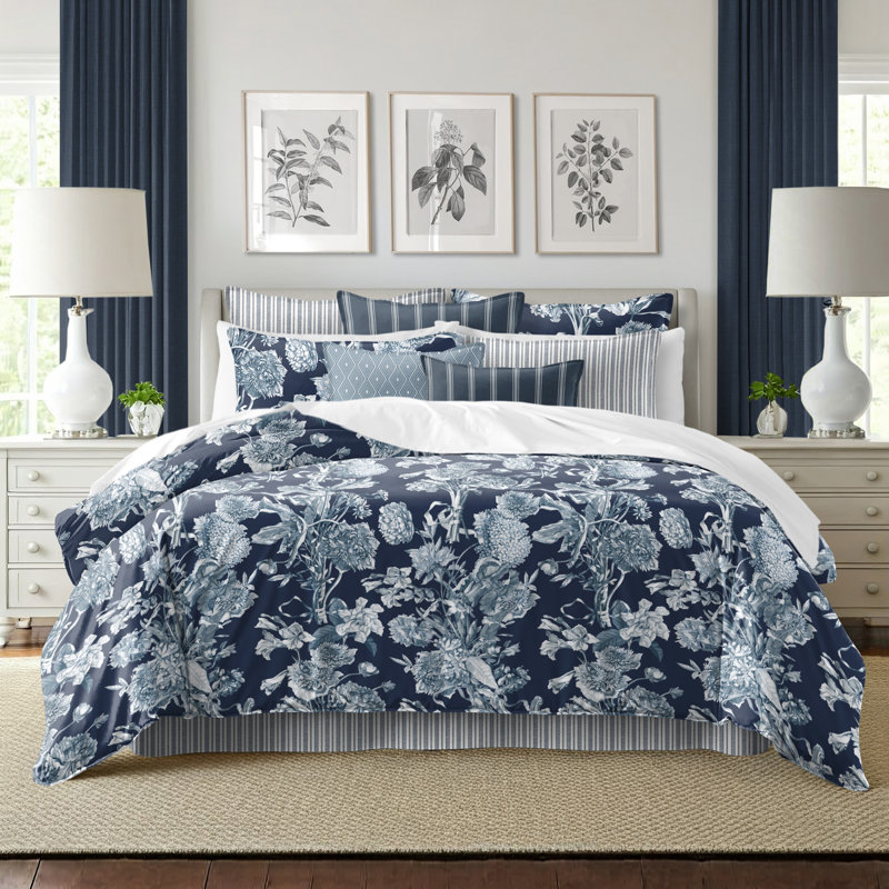 Alexandria Indigo Cotton Duvet Cover Set, Queen Duvet Cover + 7 Additional Pieces