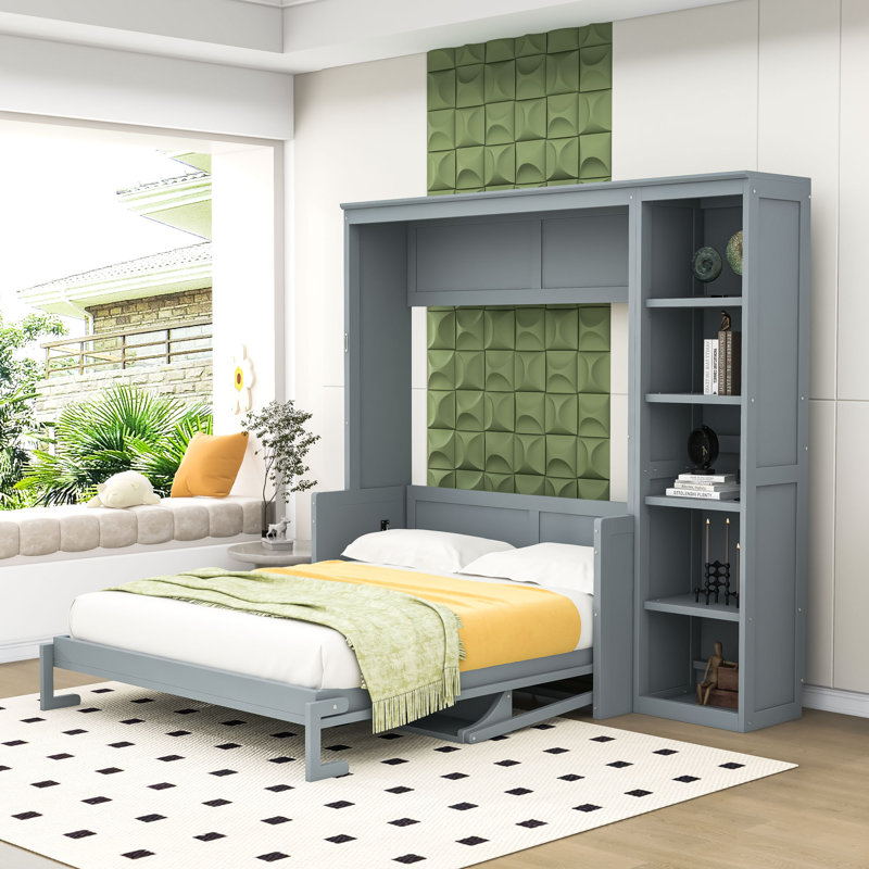 Ellettsville Murphy Bed Wall Bed With Shelves, Queen, White, 1 Bed and 2 Side Cabinet Storage Shelf