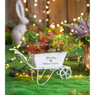 [white Metal Distressed Wheelbarrow Planter]11.5" W Mini Tabletop Decor | Fake Succulent/faux Floral Holder For Countertop/mantel/shelf (0.7lbs)​