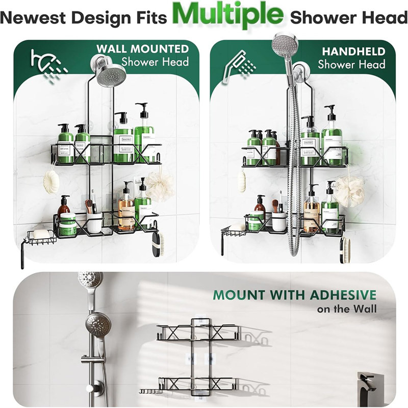 Serviteur de douche suspendu en acier inoxydable - Argent - Support de douche à hauteur ajustable pour pommes de douche à main avec crochets et porte-savon