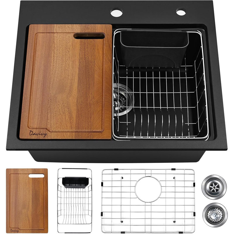Évier de cuisine à double cuve à montage simple en granit 22 pouces avec accessoires Davivy