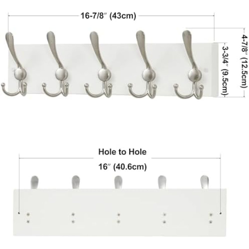 Creations White Solid Wood Wall Mounted Coat Rack, 5 Hooks, 16-7/8" Long - Kitchen, Mudroom, Entryway, Bathroom - Includes Mounting Hardware, Wall Coat Hanger, Towel Rack, Pack of 2