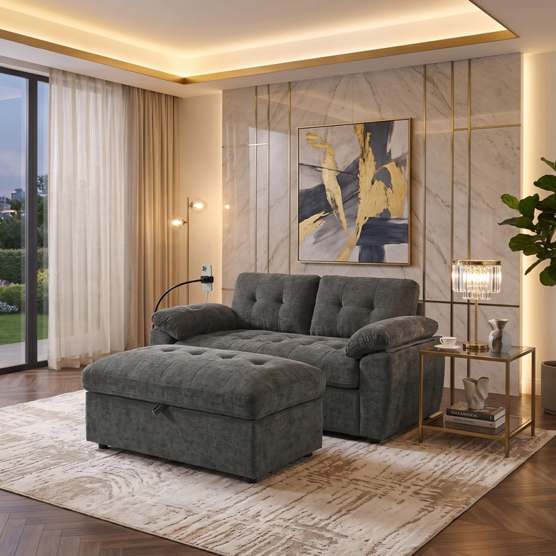 Causeuse inclinable manuelle de 56 po de large avec repose-pieds avec rangement et USB intégré, Grey