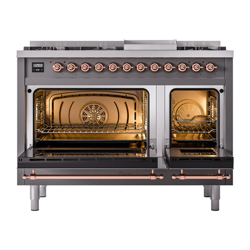 ILVE Nostalgie II 48 in Dual Fuel Range, 8 Burner, Griddle, Graphite Matte/Copper, Natural Gas